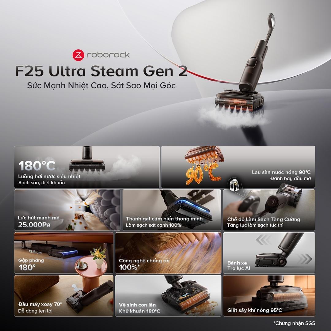 Roborock ra mat F25 Ultra Steam Gen 2 May hut bui lau san hoi nuoc 180°C lam sach sat mep hieu qua 1